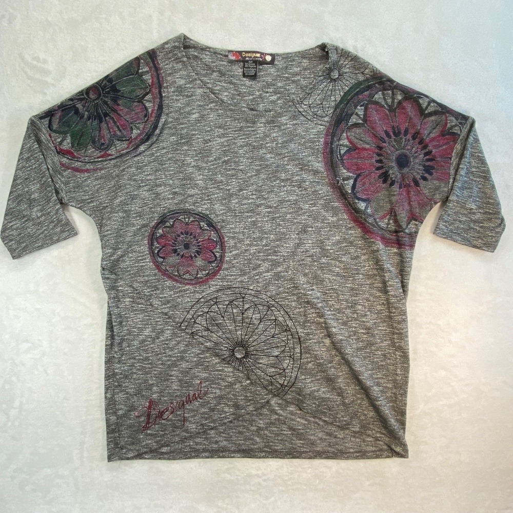 Desigual Graphic T-Shirt Floral Print 3/4 Sleeve Top Heather Gray L
